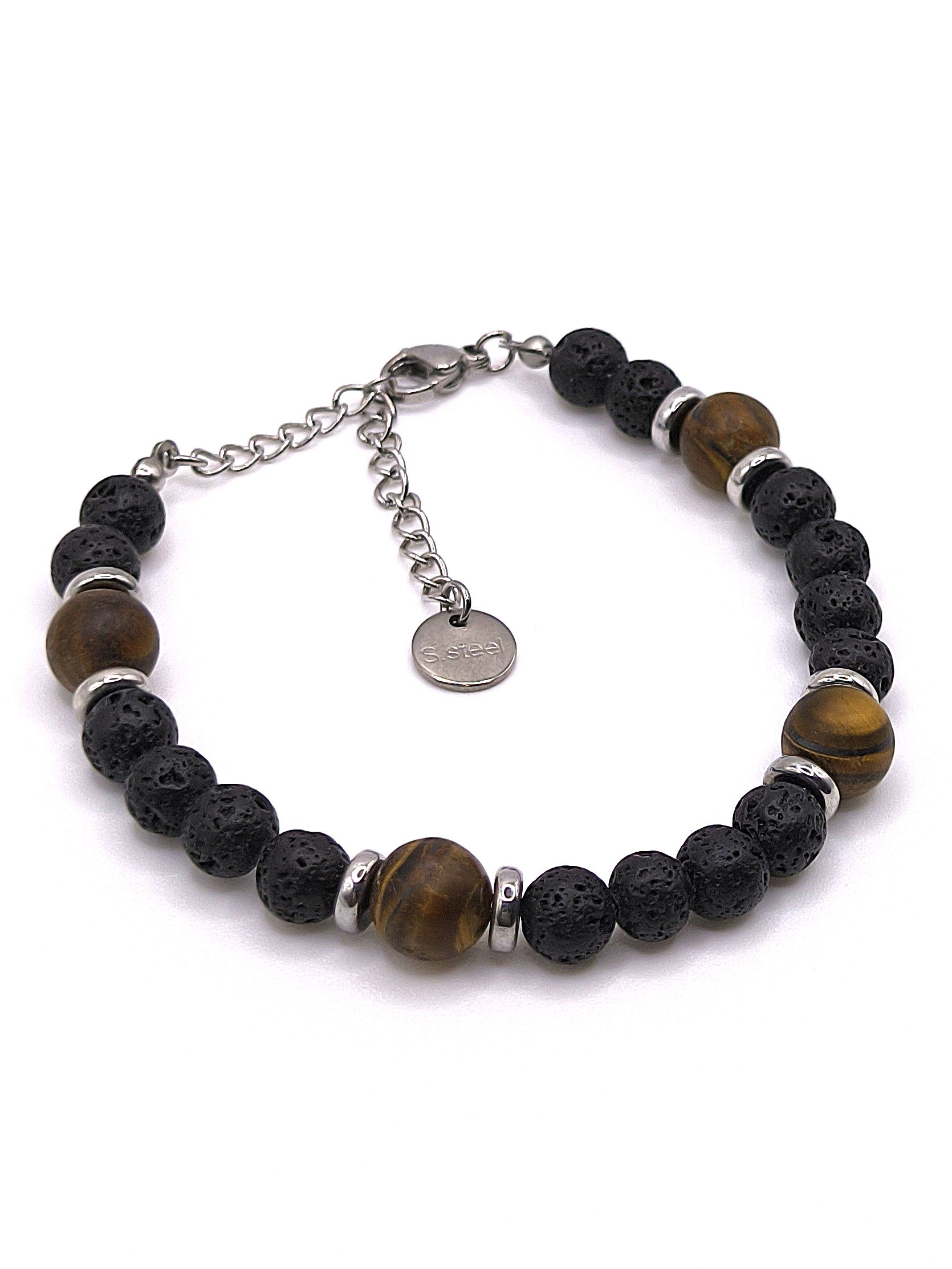 Perlenarmband aus Lavastein und Tigerauge für Herren