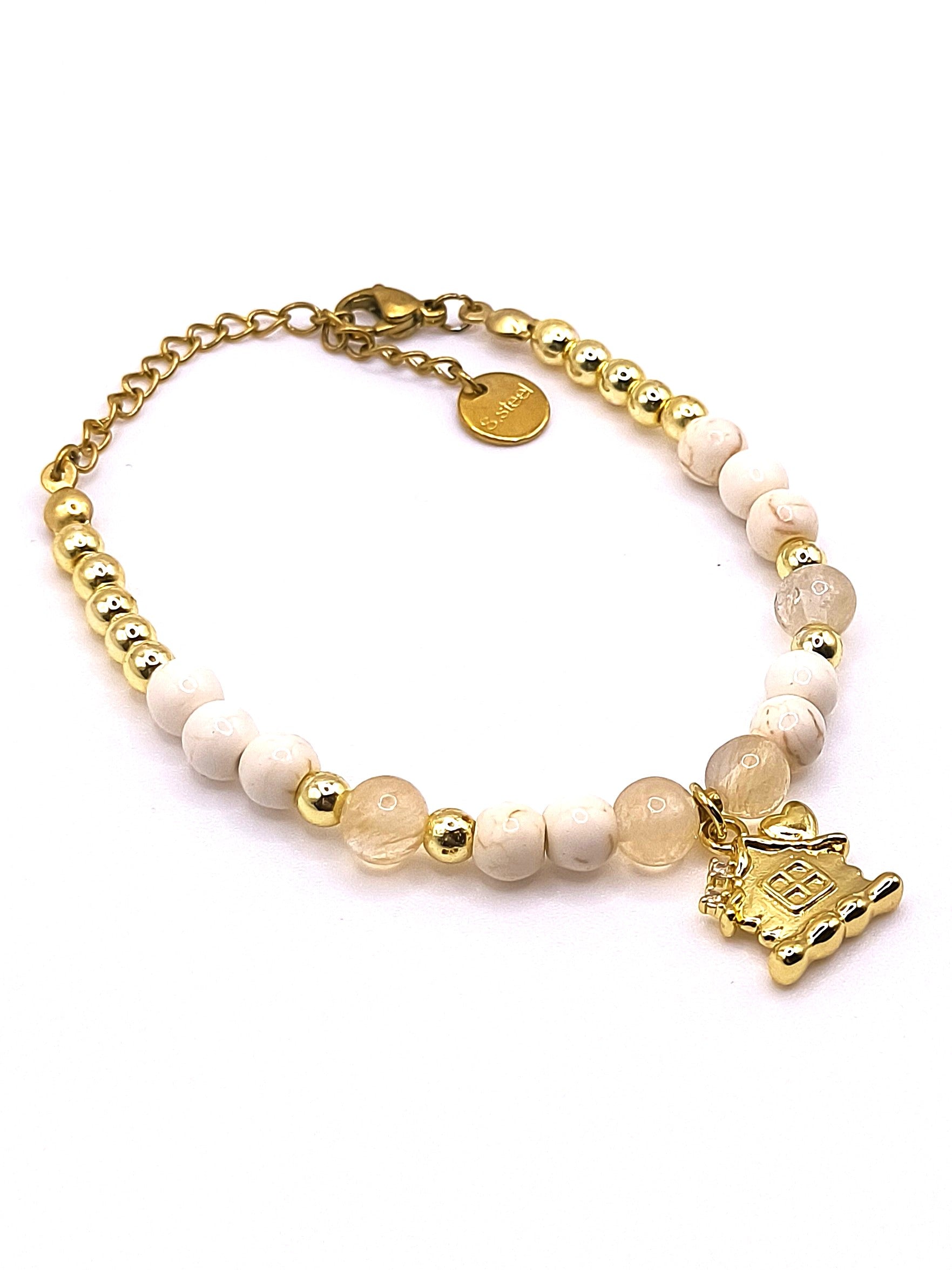 Perlenarmband aus Howlith, Citrin und Lebkuchenhaus-Anhänger für Damen