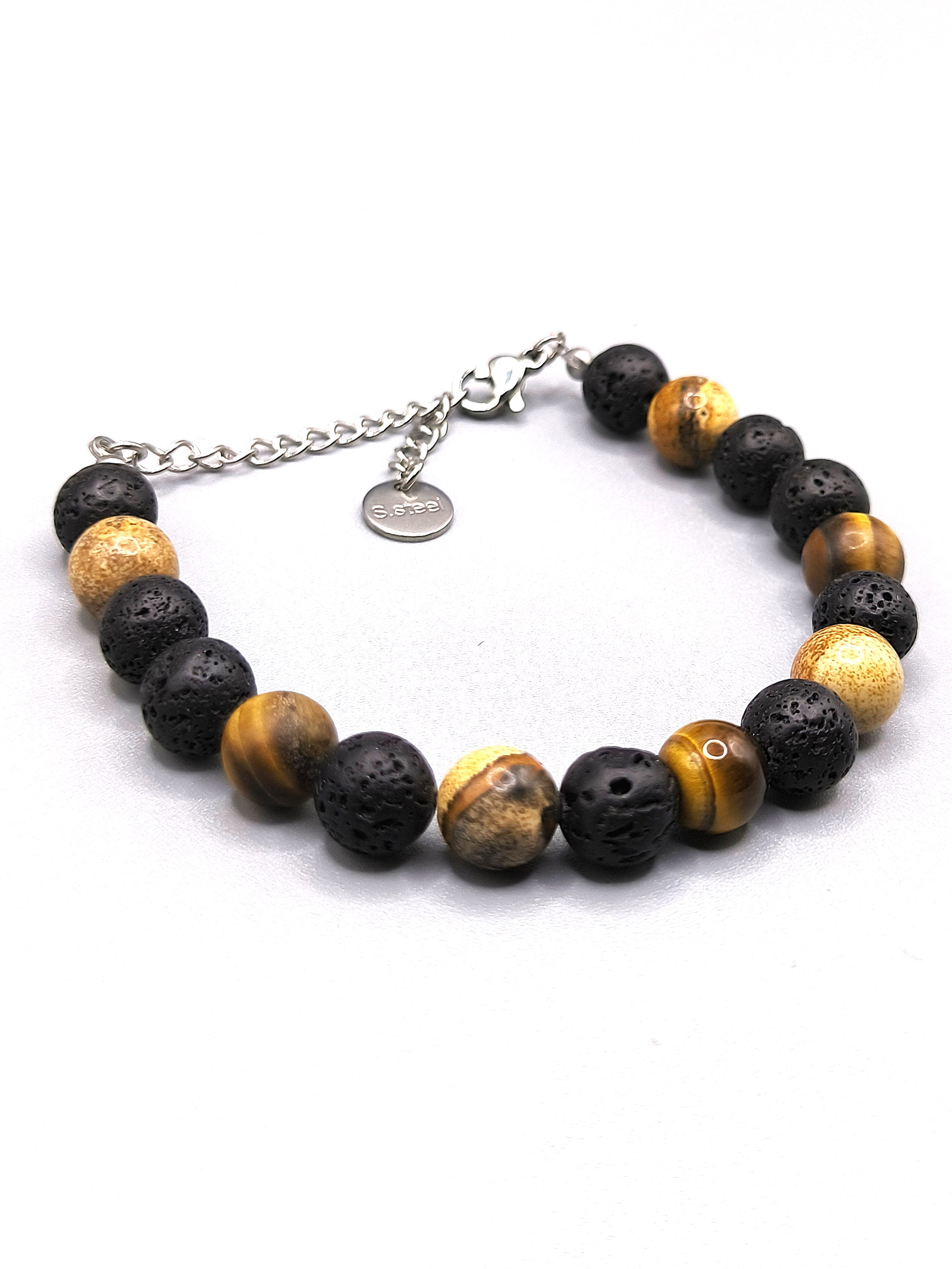 Perlenarmband aus Lavastein, Tigerauge und Jaspis für Herren