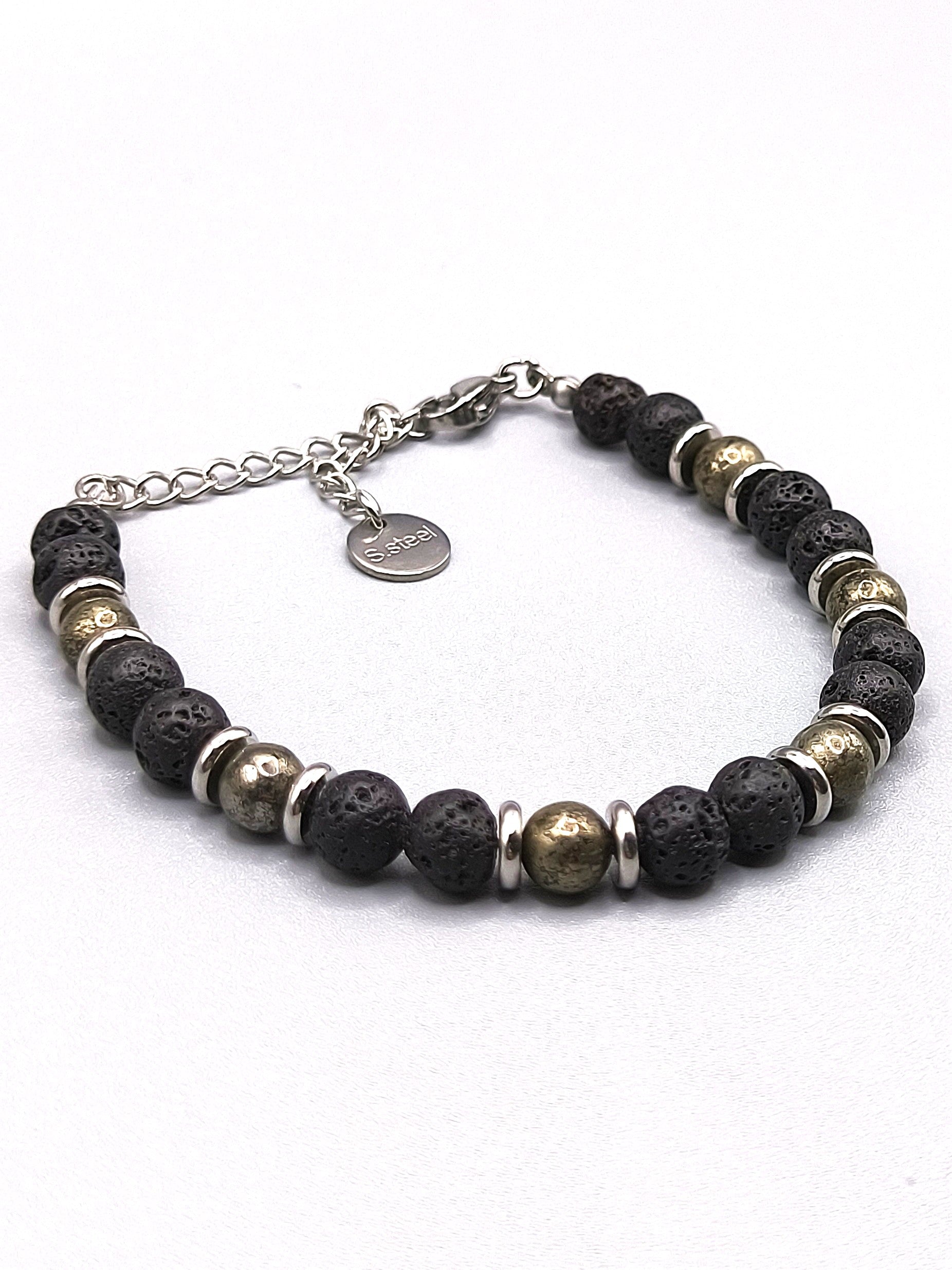 Perlenarmband aus Lavastein und Pyrit für Herren