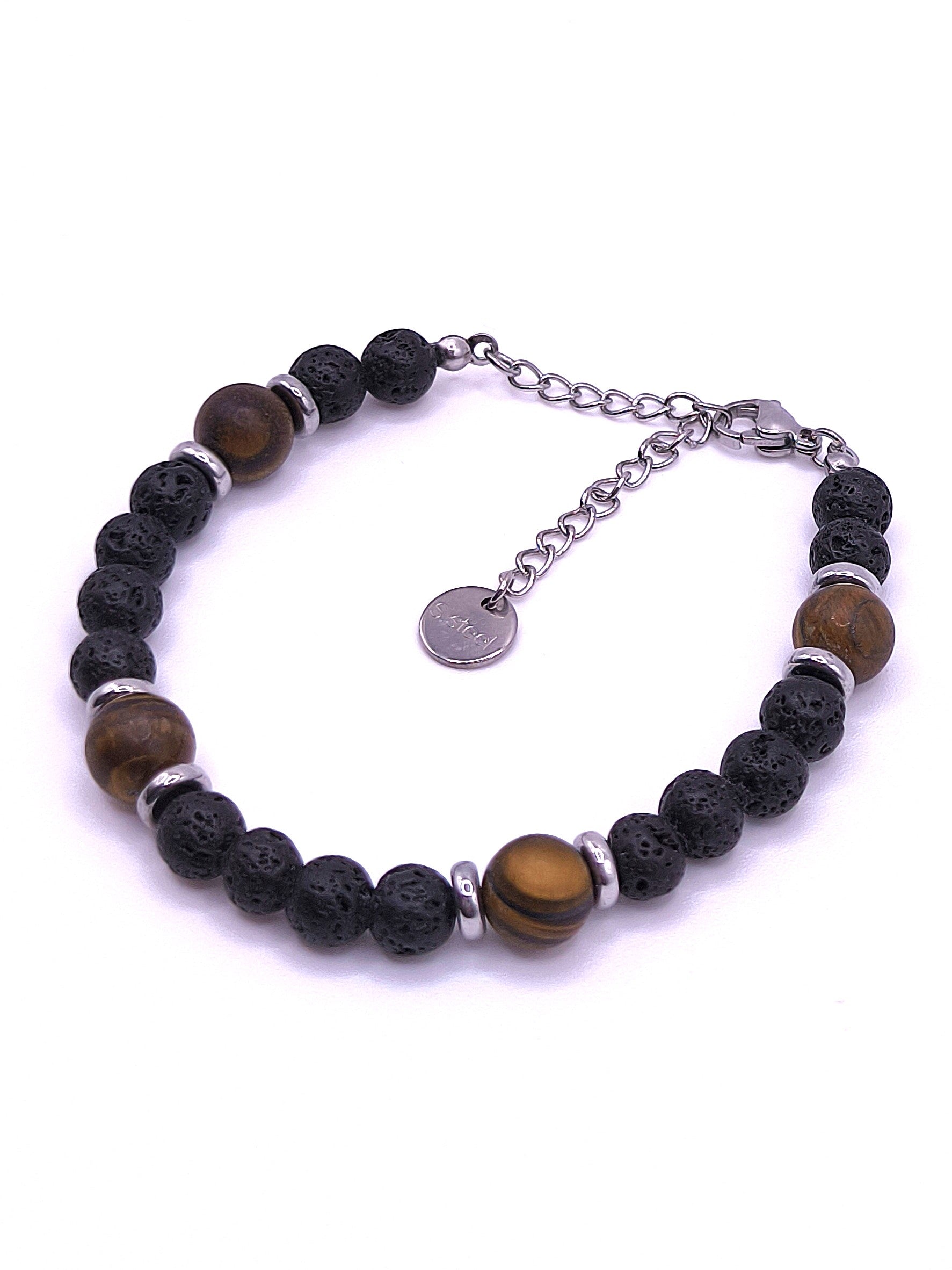 Perlenarmband aus Lavastein und Tigerauge für Herren