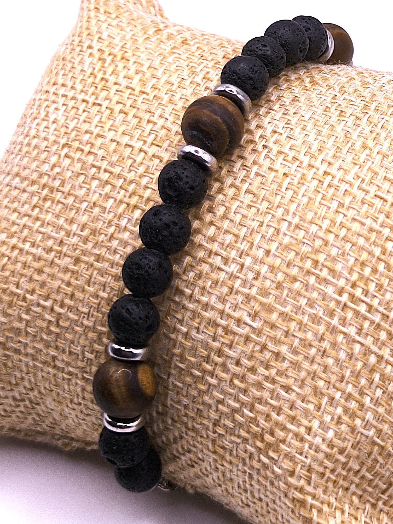 Perlenarmband aus Lavastein und Tigerauge für Herren