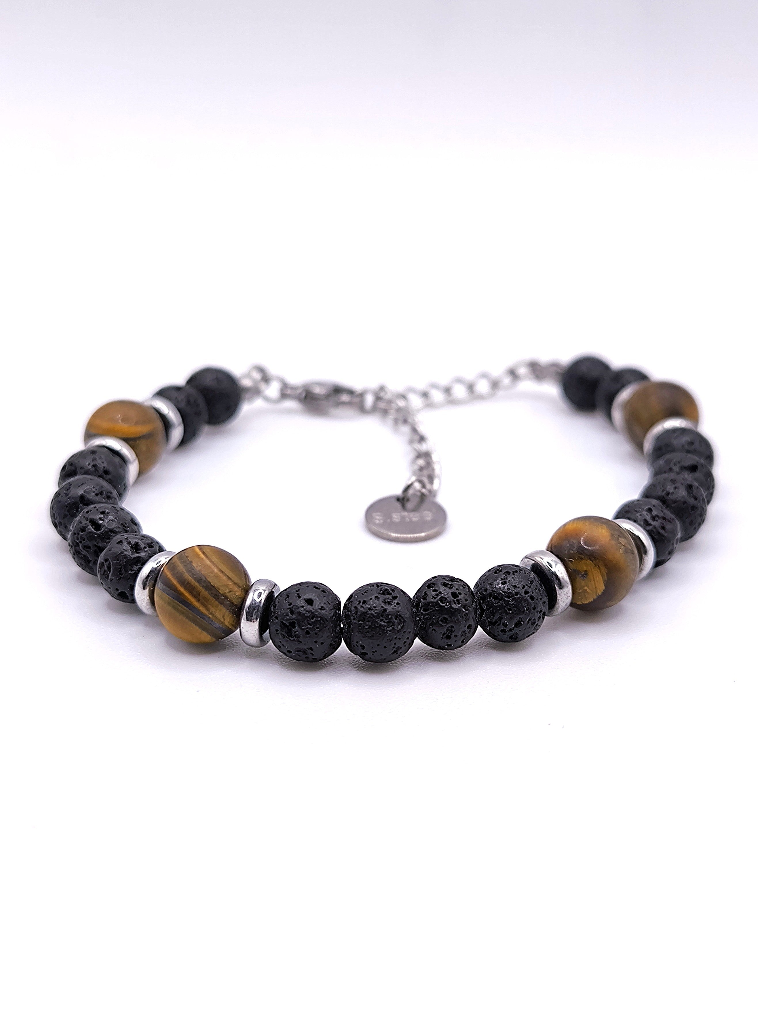 Perlenarmband aus Lavastein und Tigerauge für Herren