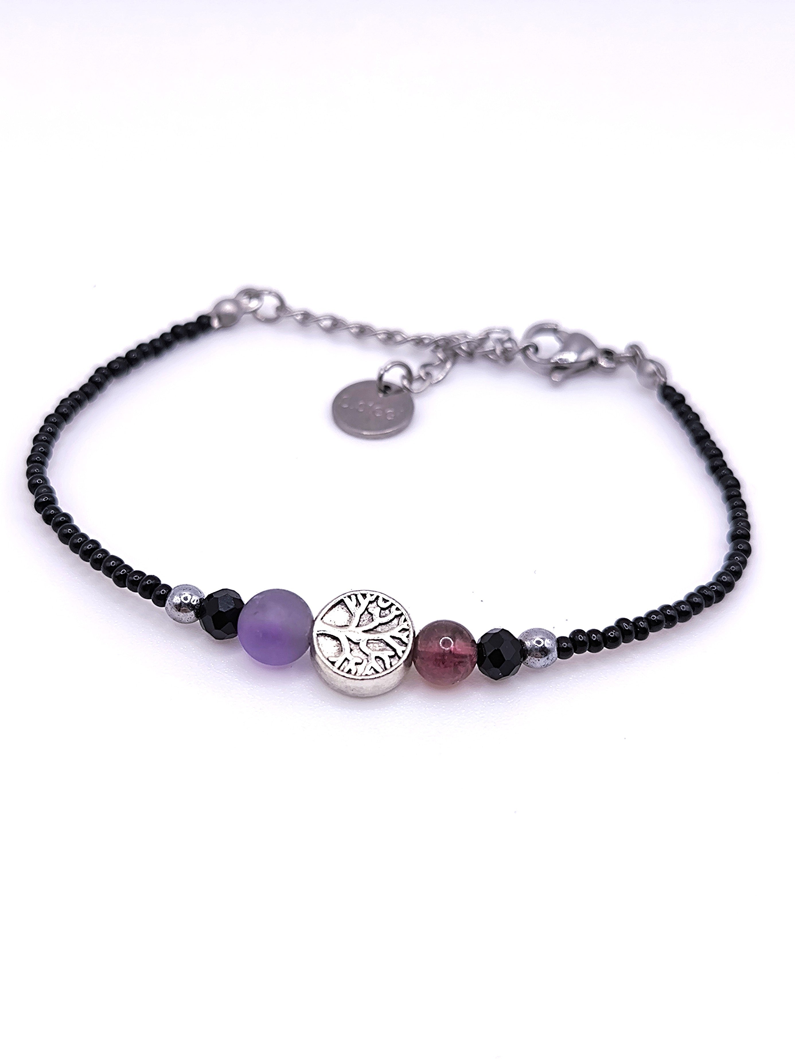 Perlenarmband aus Amethyst, Granat und Lebensbaum für Damen