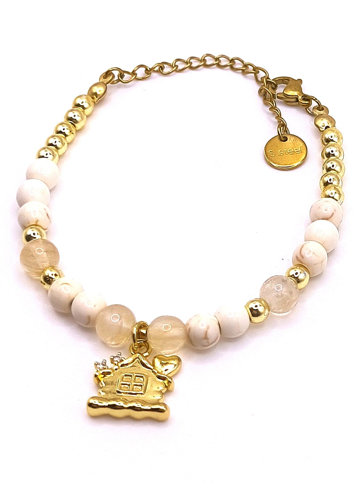 Perlenarmband aus Howlith, Citrin und Lebkuchenhaus-Anhänger für Damen