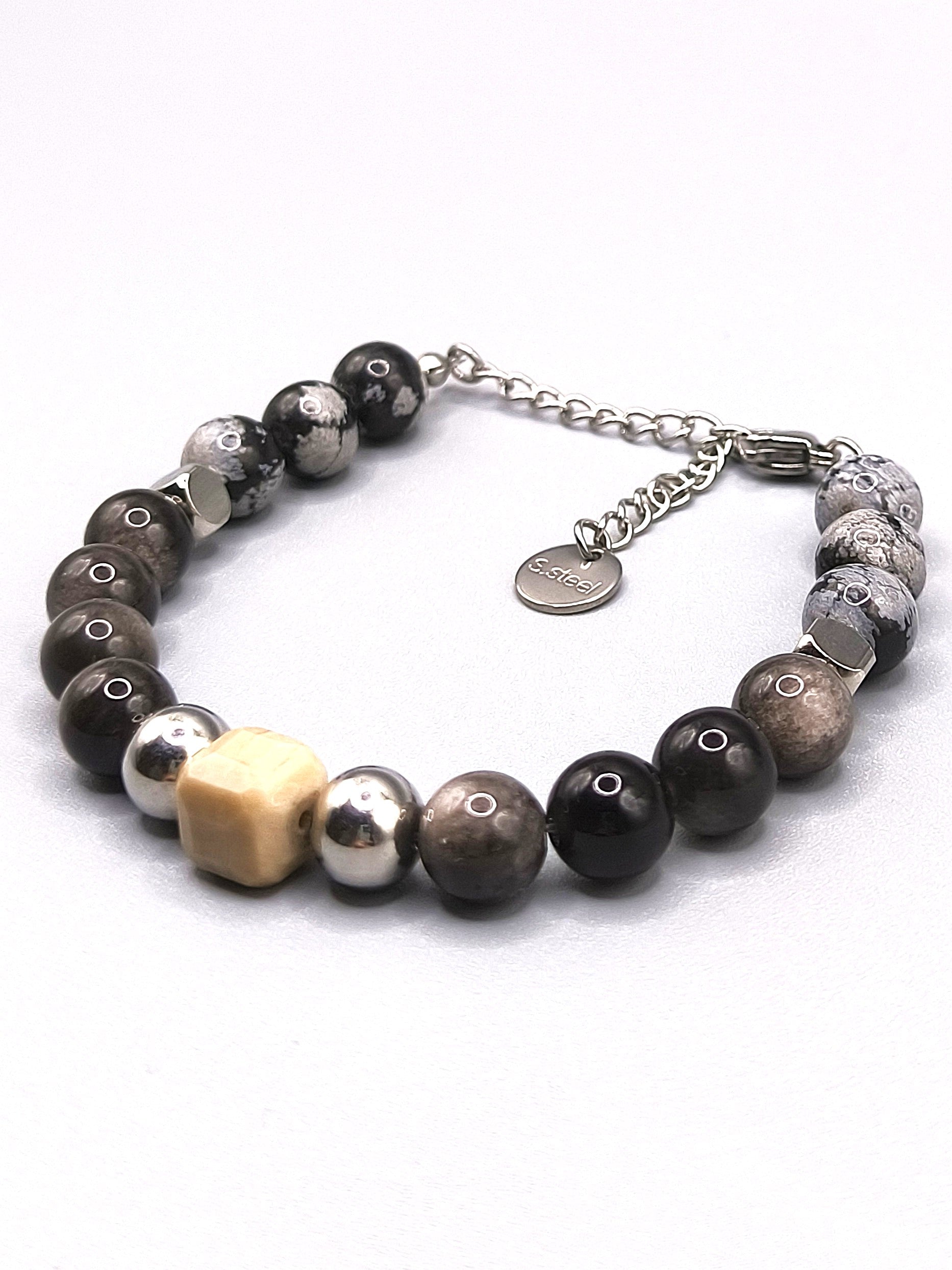 Perlenarmband aus Obsidian und versteinertem Holz für Herren