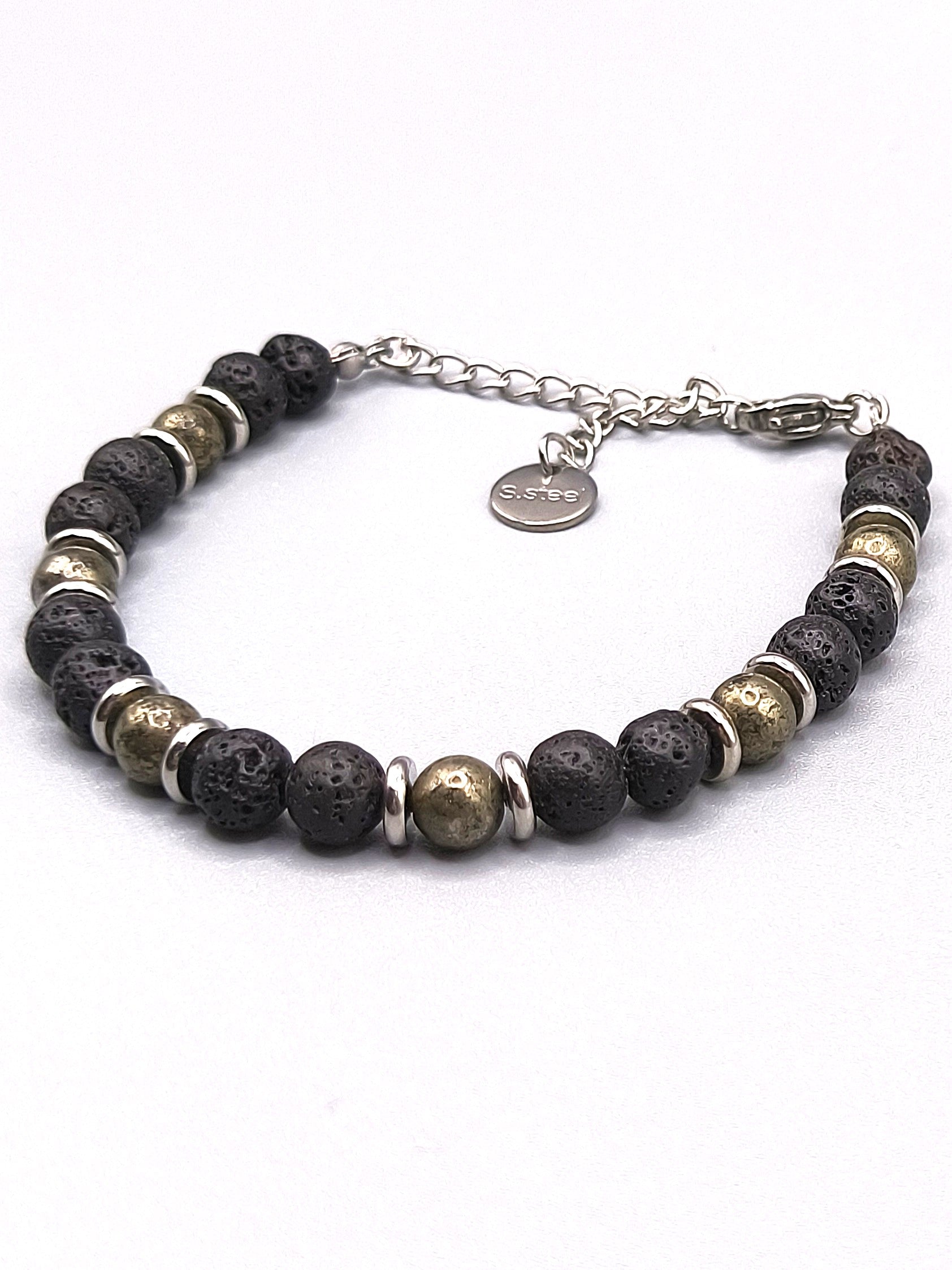 Perlenarmband aus Lavastein und Pyrit für Herren