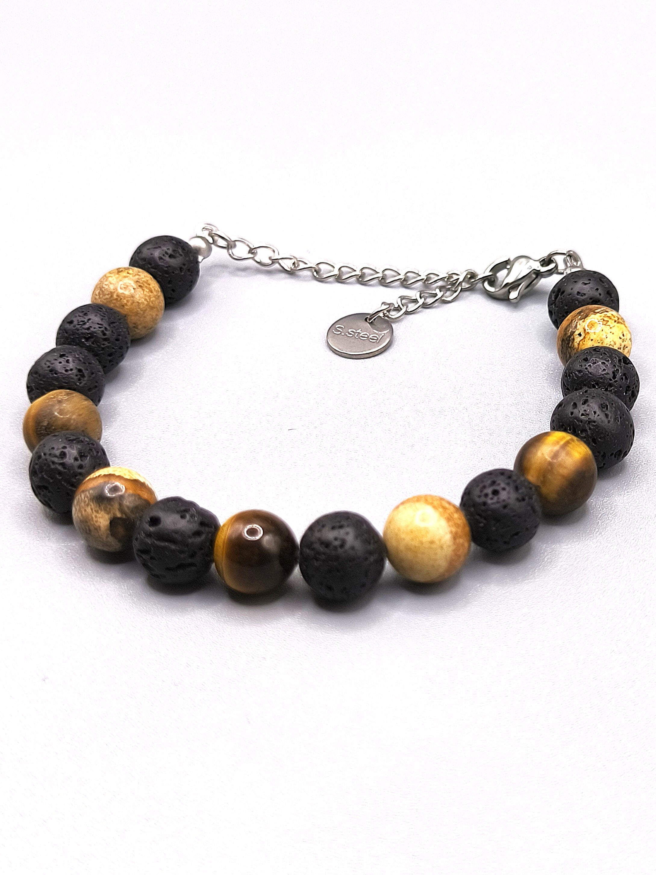 Perlenarmband aus Lavastein, Tigerauge und Jaspis für Herren