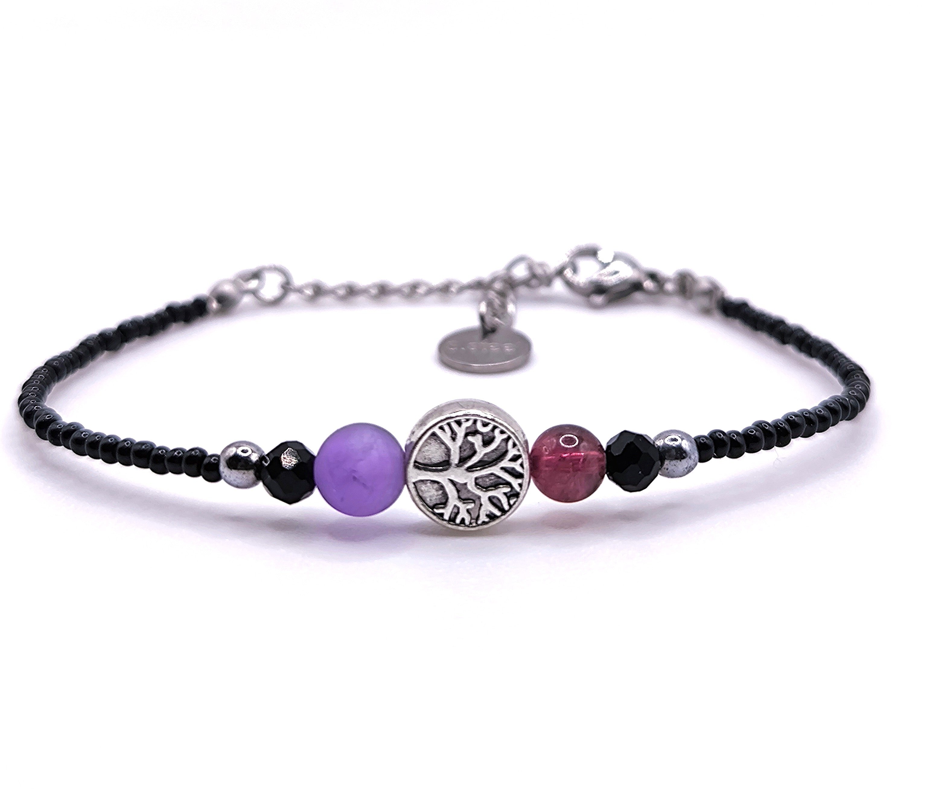 Perlenarmband aus Amethyst, Granat und Lebensbaum für Damen