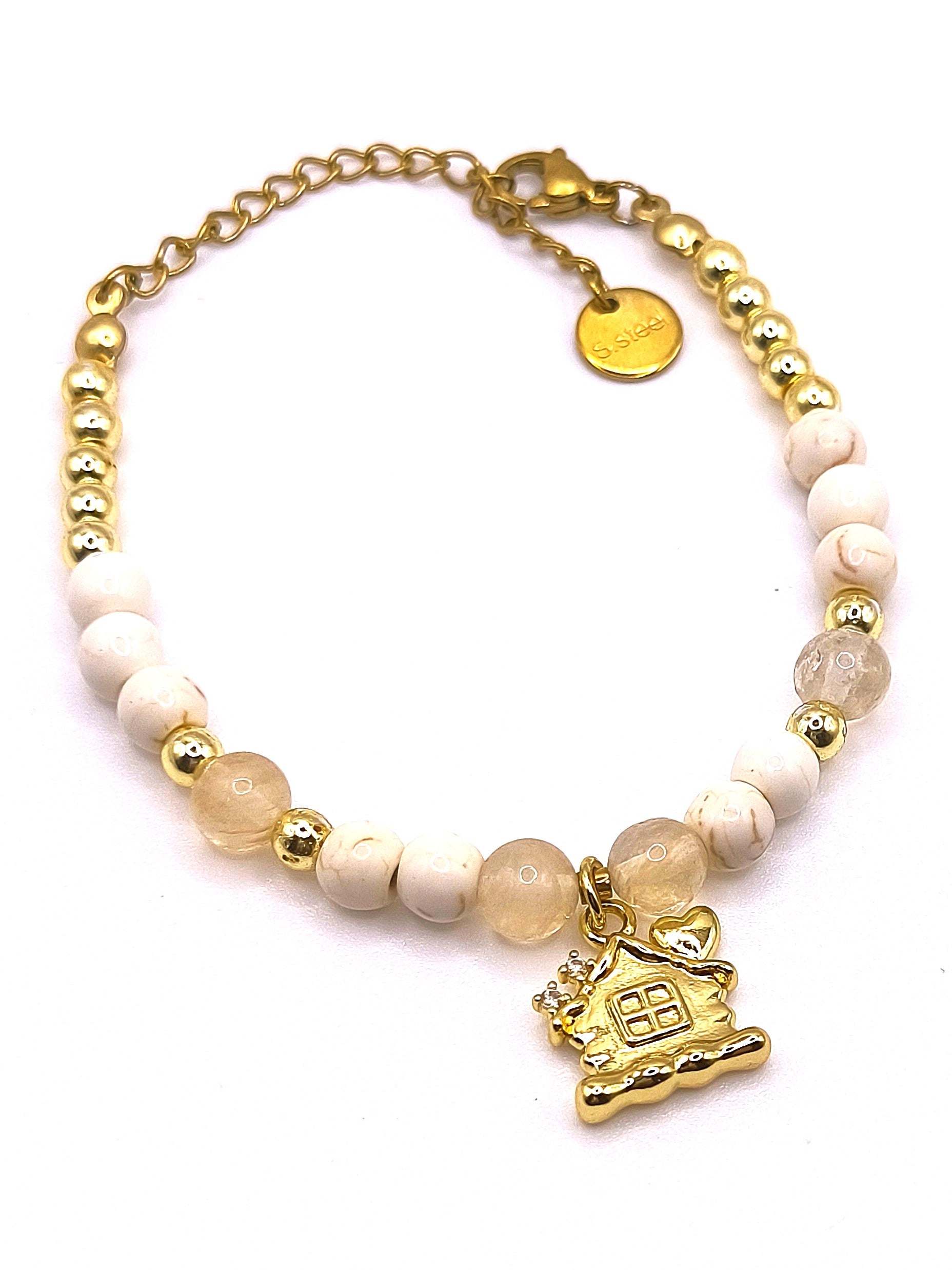 Perlenarmband aus Howlith, Citrin und Lebkuchenhaus-Anhänger für Damen