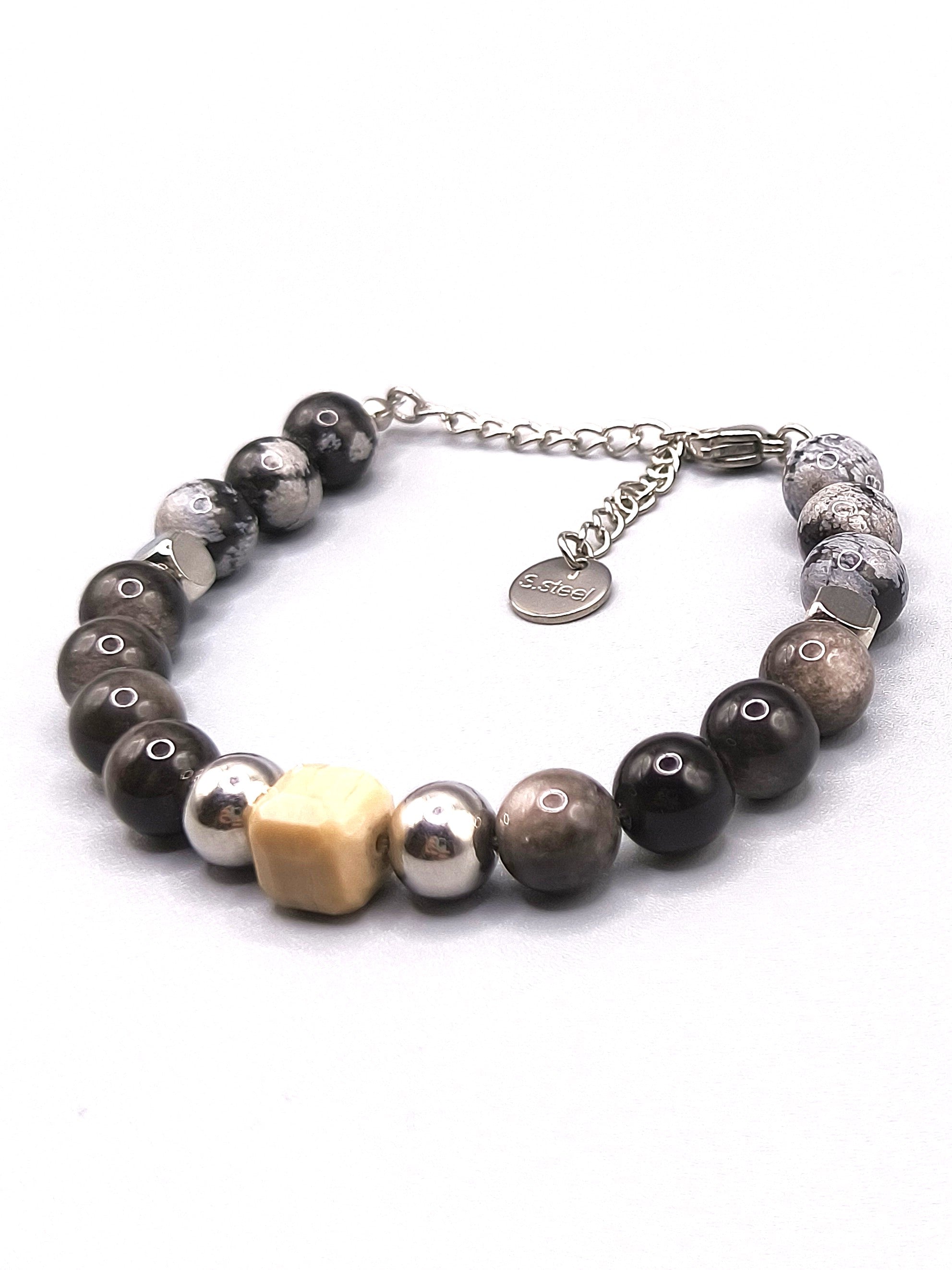 Perlenarmband aus Obsidian und versteinertem Holz für Herren