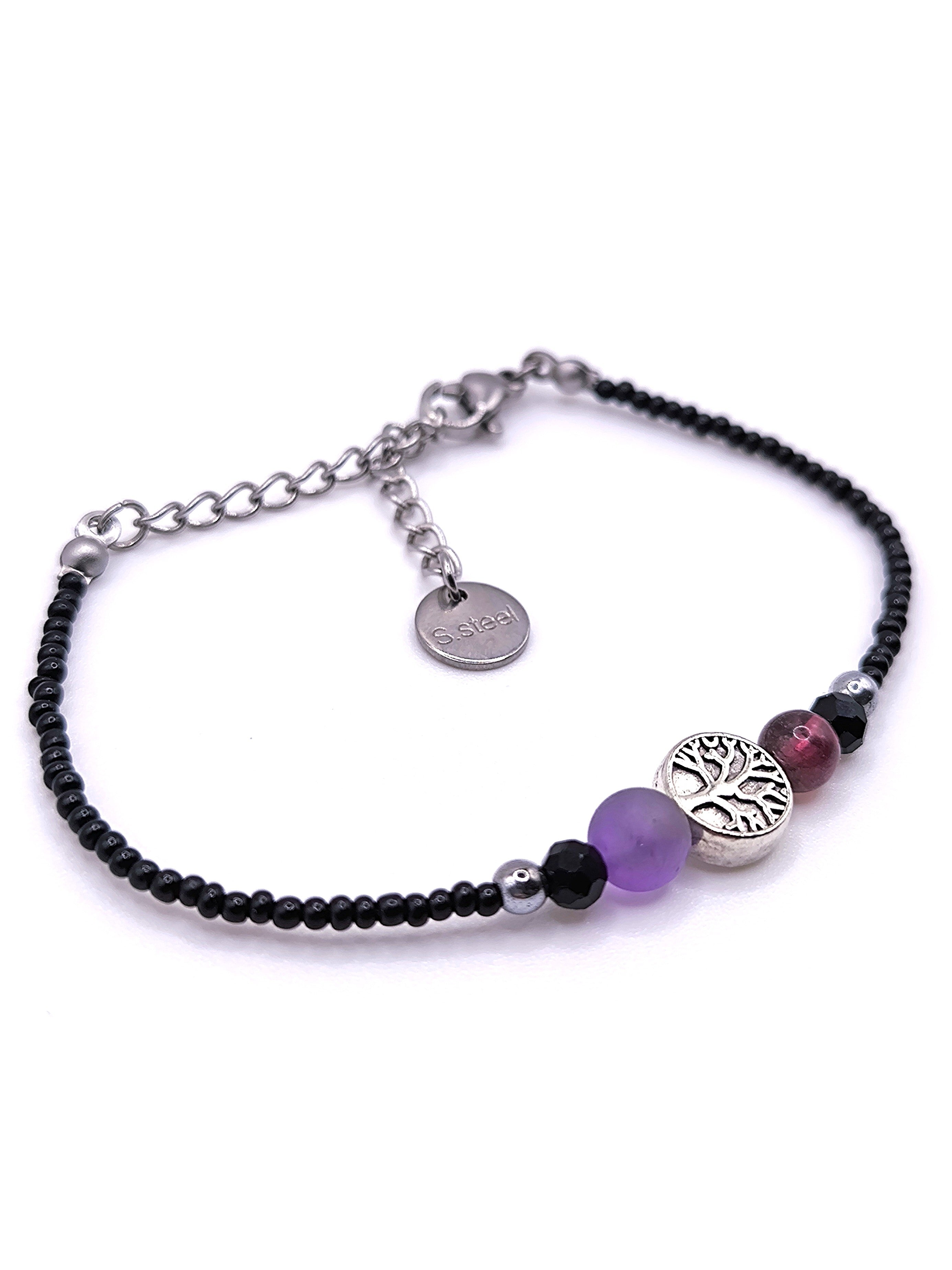 Perlenarmband aus Amethyst, Granat und Lebensbaum für Damen