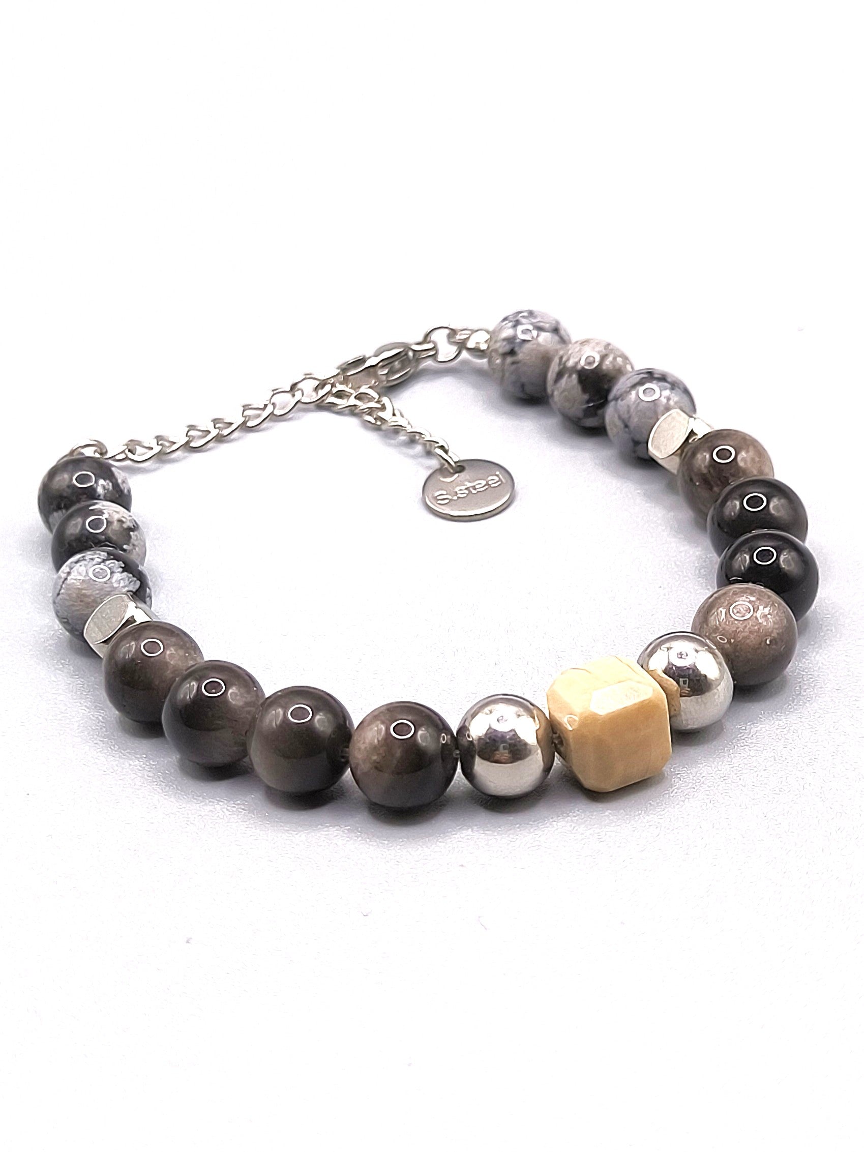 Perlenarmband aus Obsidian und versteinertem Holz für Herren