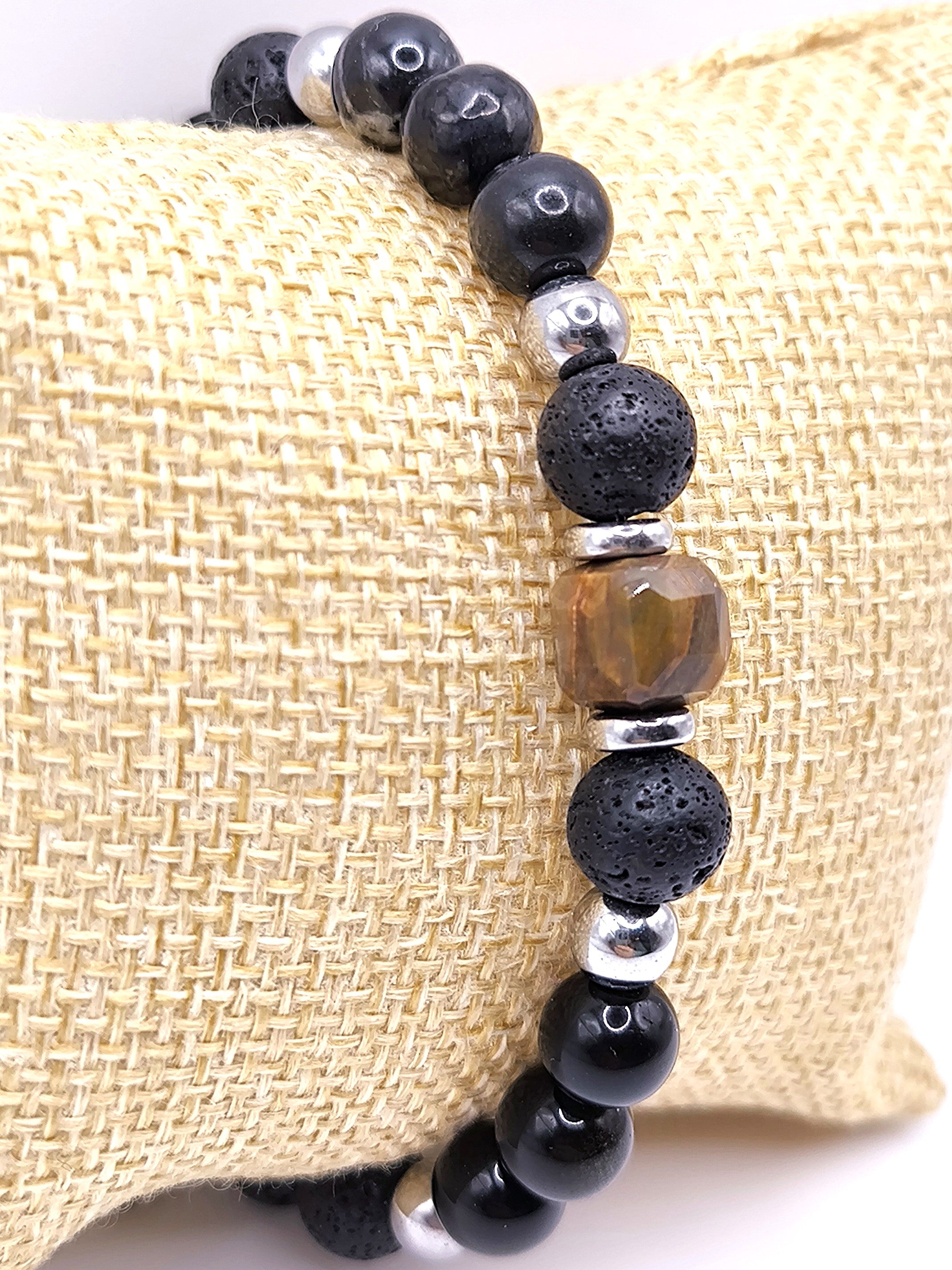 Perlenarmband aus Lavastein und Pyrit für Herren