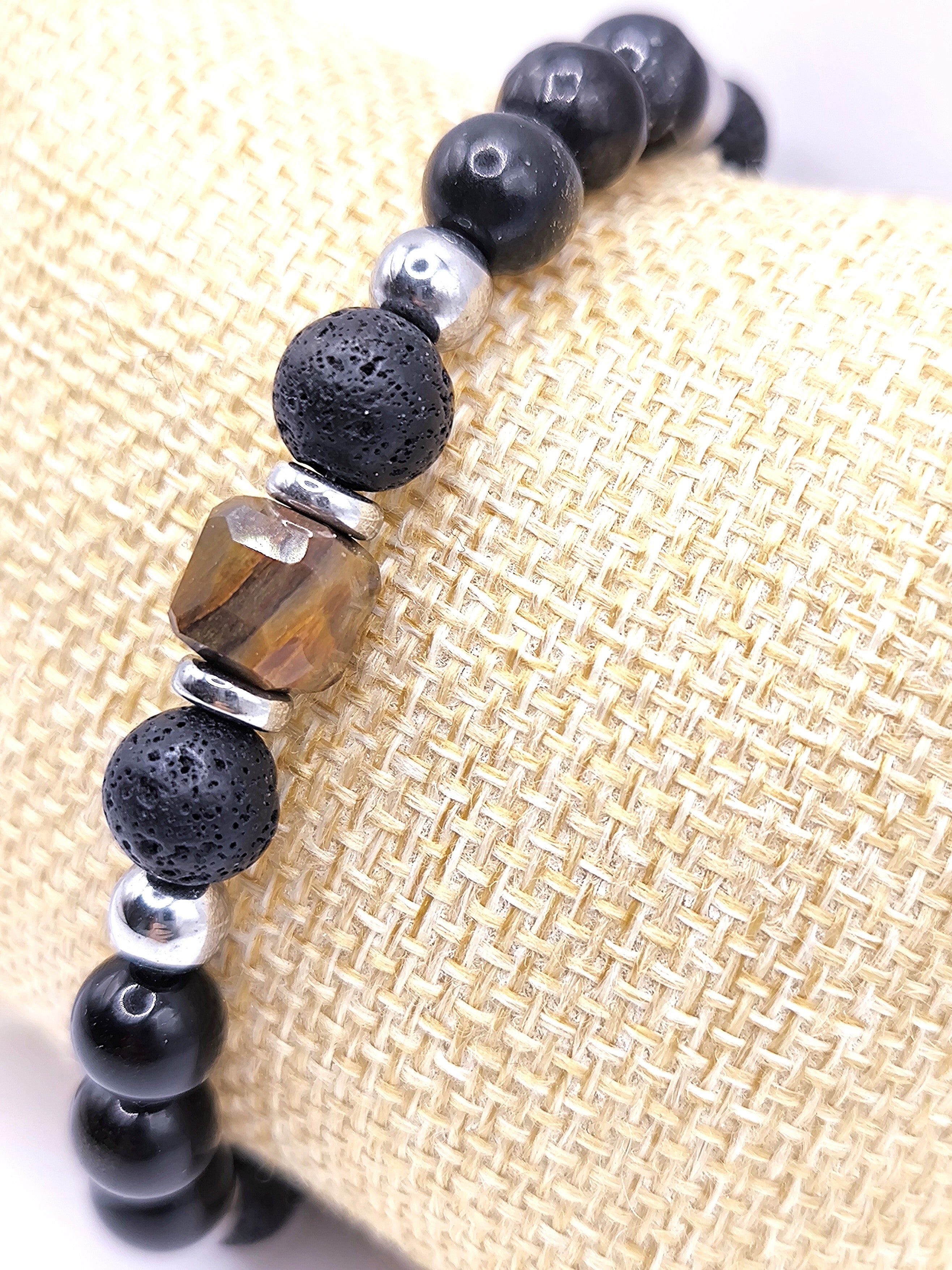 Perlenarmband aus Lavastein und Pyrit für Herren