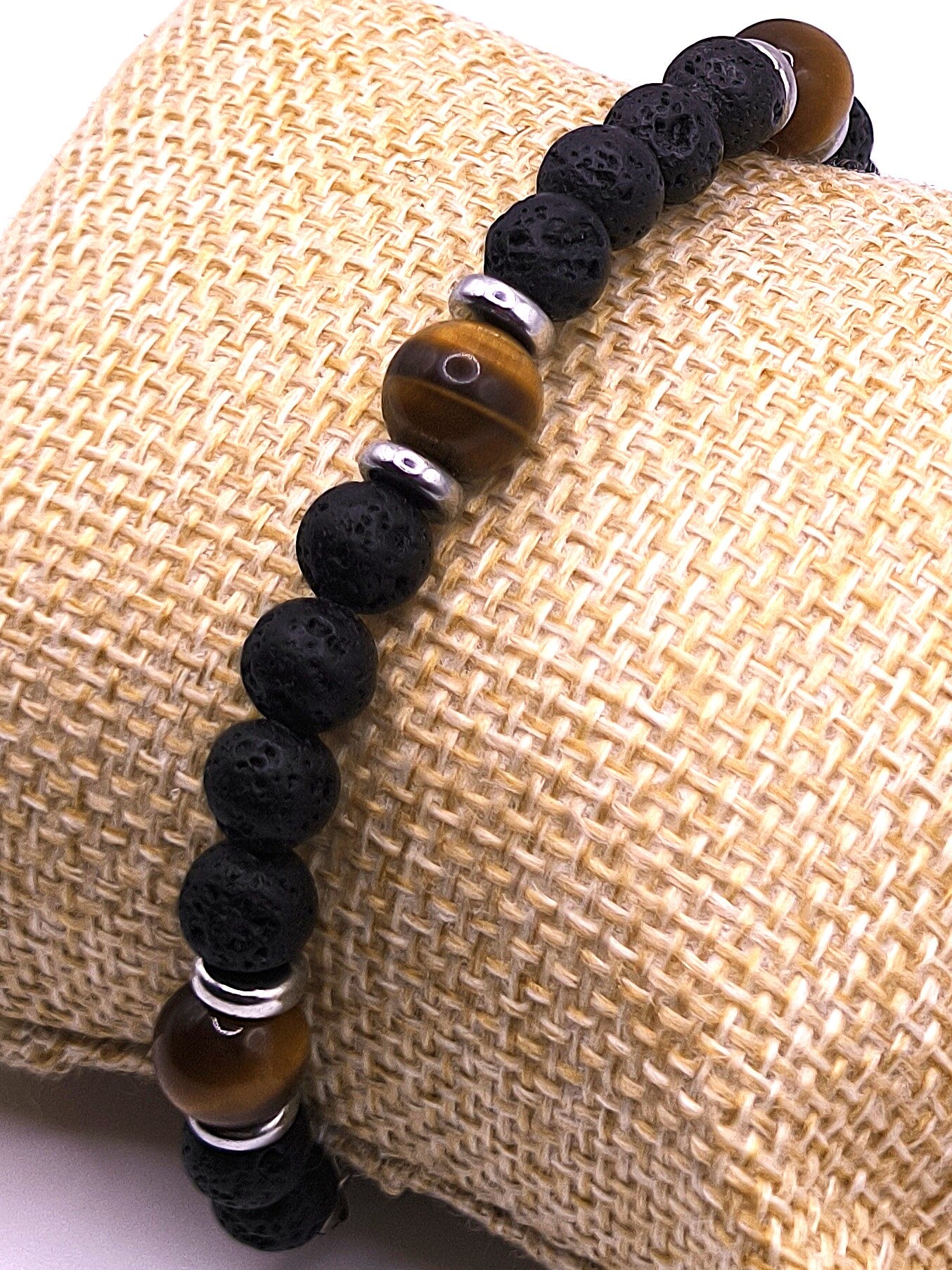 Perlenarmband aus Lavastein und Tigerauge für Herren