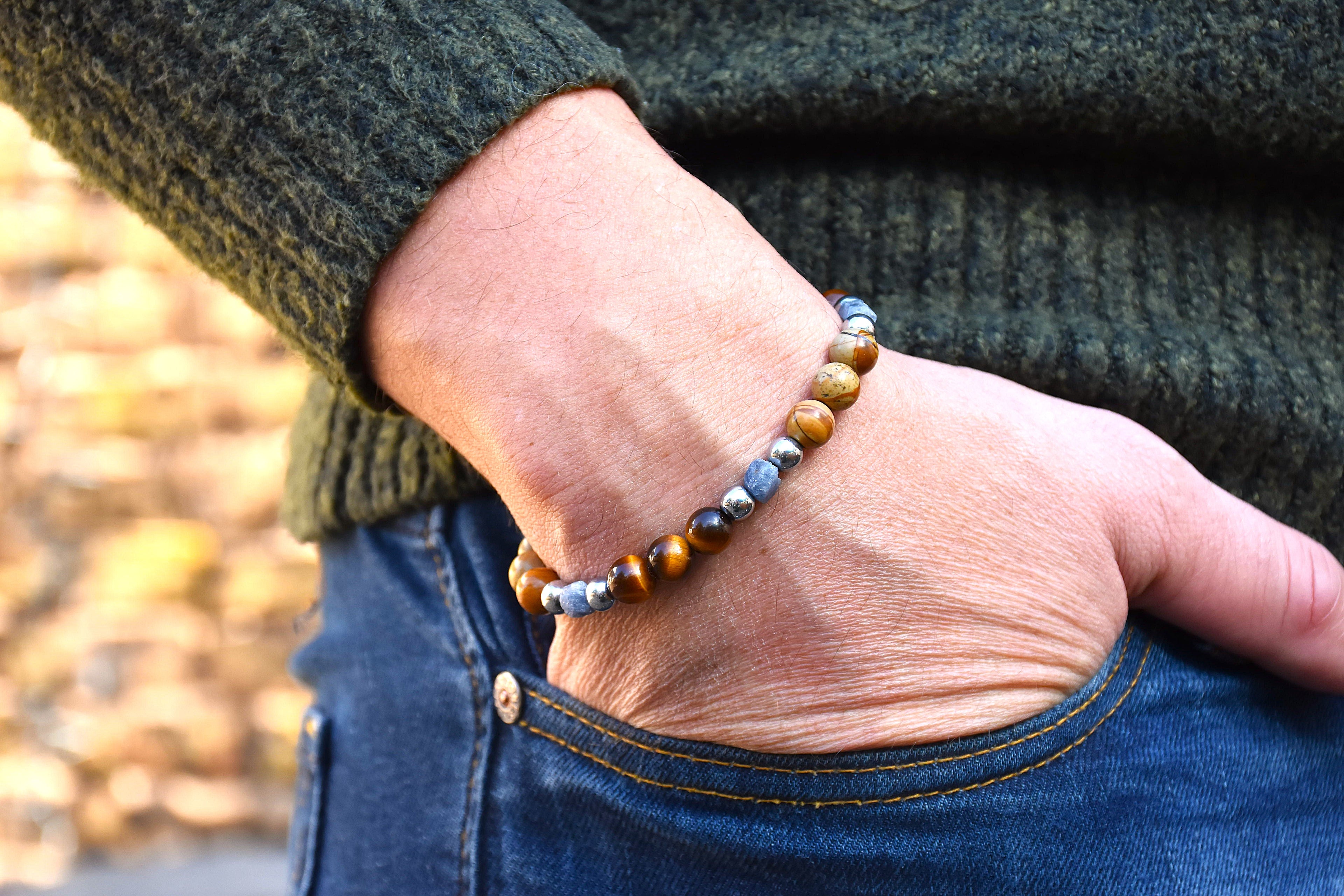 Perlenarmband aus Tigerauge, Walnuss-Jaspis und Hämatit für Herren