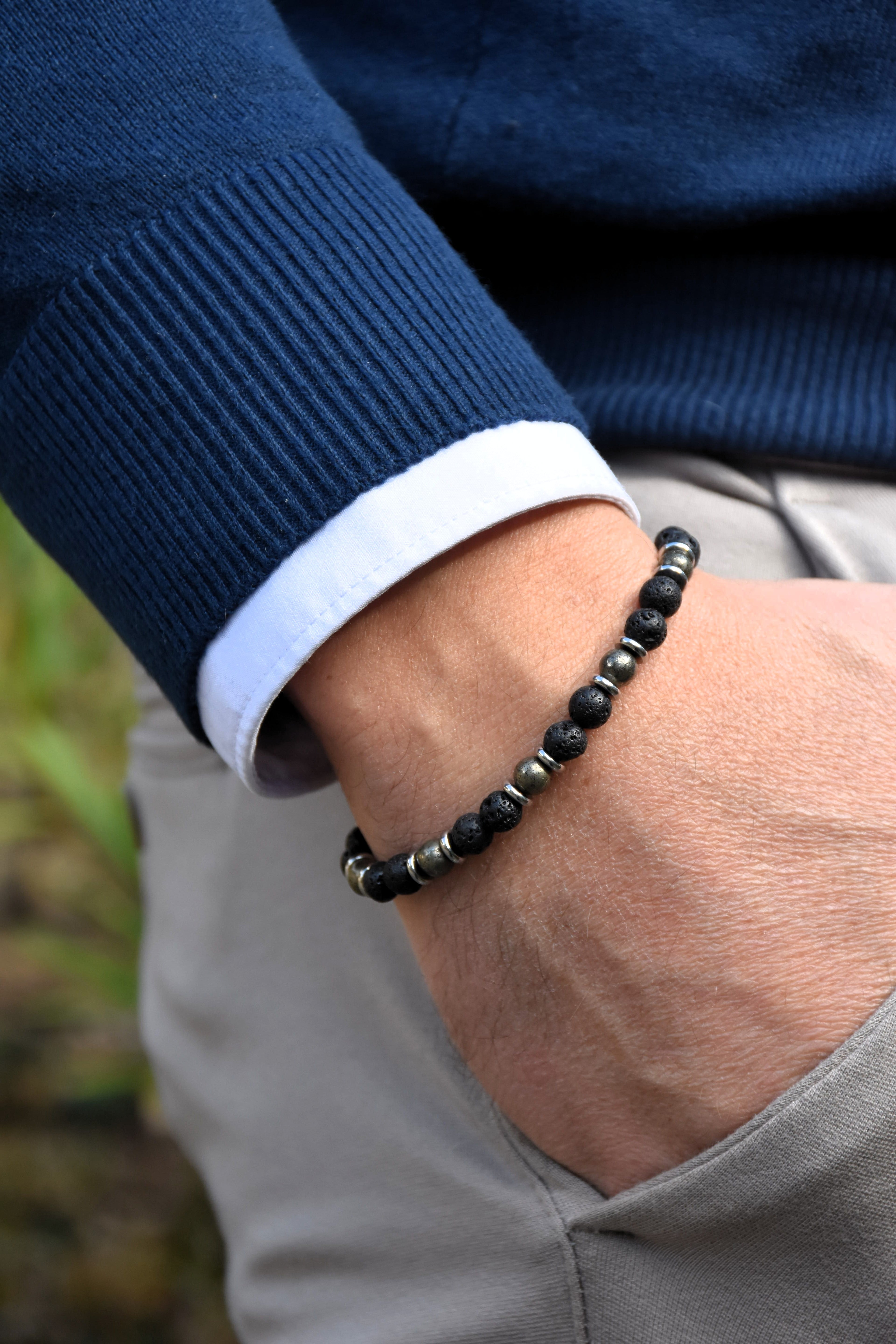 Perlenarmband aus Lavastein und Pyrit für Herren