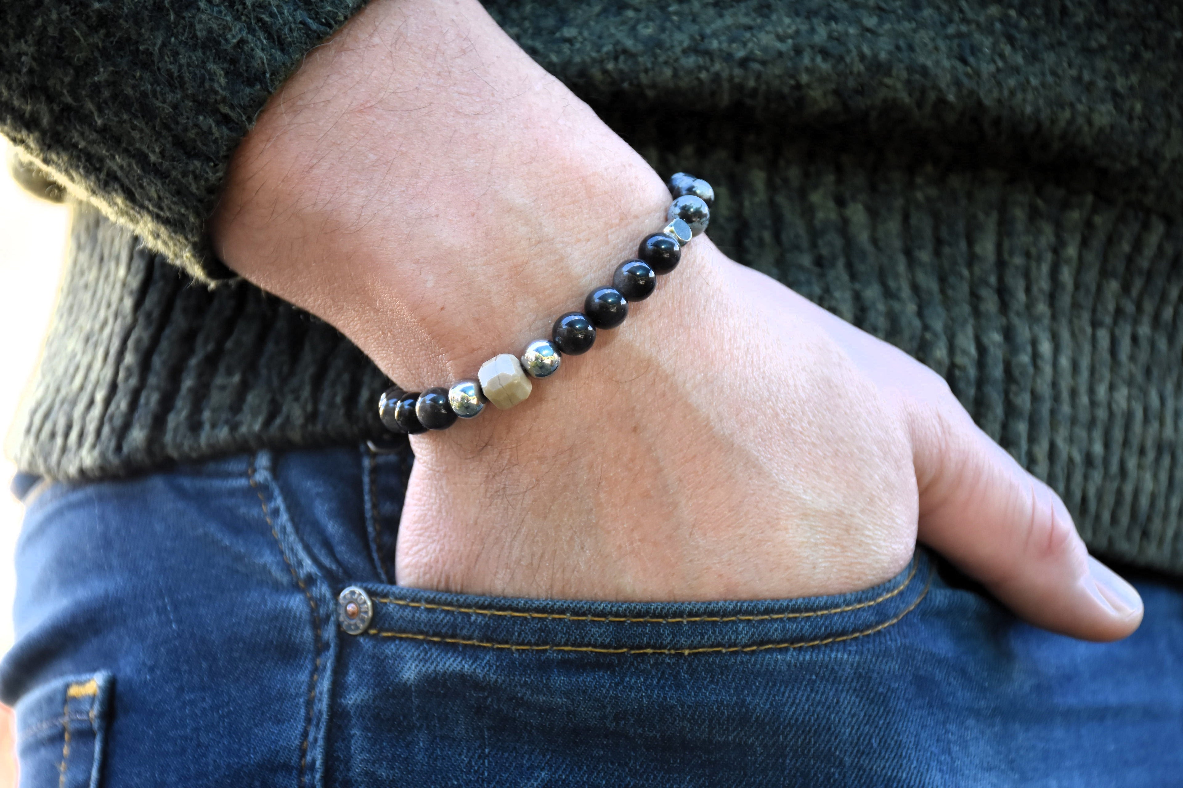 Perlenarmband aus Obsidian und versteinertem Holz für Herren